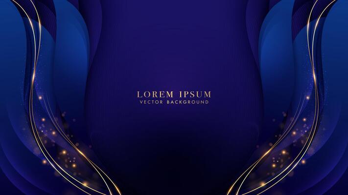 Luxury gold line with blue curve, shiny dots effect and bokeh decoration. Elegant style vector design background