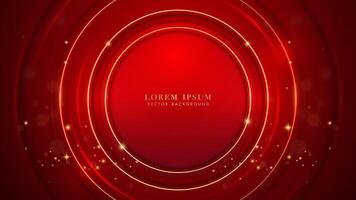 Golden circle with shiny dots and glitter light effects decoration on red luxury background. Elegant style vector design