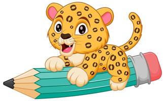 Cute Leopard Cartoon Riding a Flying Pencil Vector Illustration. Animal Education Icon Concept