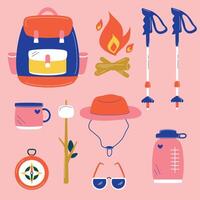 a bright set with camping things on a pink background vector illustration