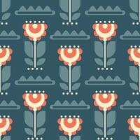 seamless pattern with geometric red flowers on a blue background vector