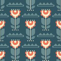 seamless pattern with geometric red flowers on a blue background vector