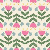 Cute seamless pattern with pink flowers and leaves vector illustration