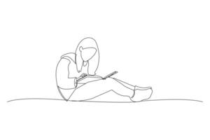 joven niña leyendo libro continuo contorno vector aislado en blanco antecedentes