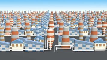 Illustration of a row of industrial buildings with a zoom in camera. 3d smoke factory and funnel with text space video