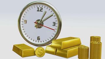 Animated 3d wall clock. Animated 3d wall clock, coins and gold bars. 4k videos. Illustration of time and wealth video