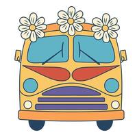 Retro groovy hippie bus with daisies. Vintage travel van. Colorful cartoon psychedelic 60s, 70s style. Minimalistic old-fashioned art design. vector