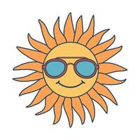 Retro groovy sun in sunglasses. Colorful cartoon psychedelic 60s, 70s style character. Minimalistic old-fashioned art design. vector