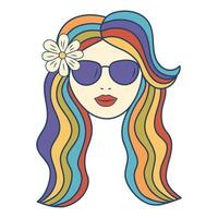 Retro groovy hippie girl face with sunglasses, daisy flower and rainbow hair. Colorful cartoon psychedelic character in 60s, 70s style. Minimalistic old-fashioned art design. vector