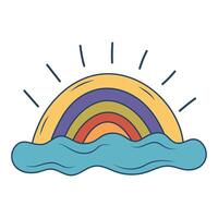 retro maravilloso arco iris con nube. vistoso dibujos animados psicodélico años 60, 70s estilo. minimalista Anticuado Arte diseño. vector