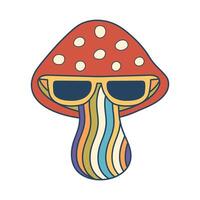 Retro groovy hippie mushroom with sunglasses. Colorful cartoon psychedelic rainbow fly agaric 60s, 70s style. Minimalistic old-fashioned art design. vector