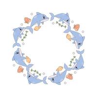 frame, border, of sea creatures, cute baby dolphins and seashells vector