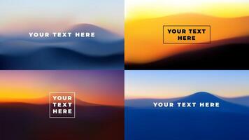 Set of blurred gradient landscapes in fog with place for text. Vector illustrations of mountain slopes at sunset, desert dunes at sunrise. Abstract wavy background. Wallpaper with silhouettes of hills