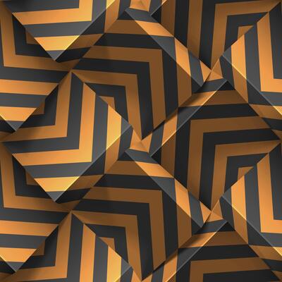 Abstract seamless geometric pattern. Realistic 3d cubes from black paper with bronze strips. Vector template for wallpapers, textile, fabric, wrapping paper, backgrounds. Texture with volume effect.
