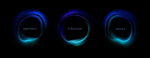 Abstract circular waves on black isolated background. Blue neon backdrop in form of dynamic luminous circle. Music concept, equalizer. Vector illustration with round frame.