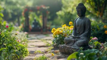 ai generado Buda estatua en jardín. Fresco natural spa fondo de pantalla concepto con asiático espíritu y Copiar espacio. foto