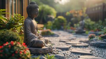 ai generado Buda estatua en jardín. Fresco natural spa fondo de pantalla concepto con asiático espíritu y Copiar espacio. foto