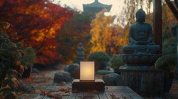 ai generado Buda estatua en jardín. Fresco natural spa fondo de pantalla concepto con asiático espíritu y Copiar espacio. foto