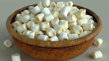 AI generated Marshmallows in an old wooden bowl on the table. Background. photo