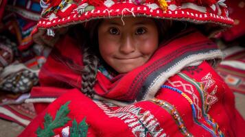 ai generado un joven peruano niña con un vistoso rojo sombrero sonriente a el cámara. Andes. lana chullo. americano rural nativo gente. foto