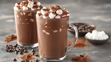 AI generated Cocoa with marshmallows and chocolate in a glass mug on a stone table. Background. photo