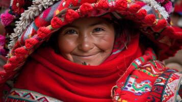 AI generated A young peruvian woman with a colorful red hat smiling at the camera. Andes. Wool chullo. American rural native folk. photo