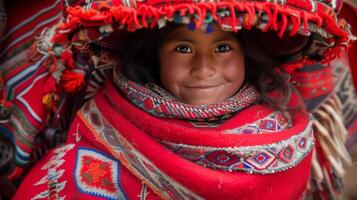 AI generated A young peruvian child with a colorful red hat smiling at the camera. Andes. Wool chullo. American rural native folk. photo