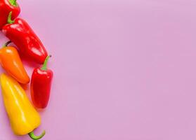 Colorful Bell Peppers on Pink Background for Healthy Food Concept photo