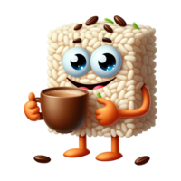 AI generated funny rice cartoon character hold a  a cup of coffee png