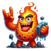 ai genererad rolig magma monster karaktär med metall hand tecken png