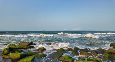 cubierto de musgo playa rocas con estrellarse olas foto