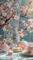 AI generated Cherry blossom, pink macarons and a cup of tea photo