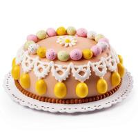 AI generated Easter Cake with Eggs and Daisy Isolated photo