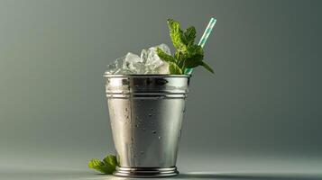 AI generated A mint julep cocktail in a silver cup, garnished with fresh mint leaves and a straw, isolated on a gradient background photo