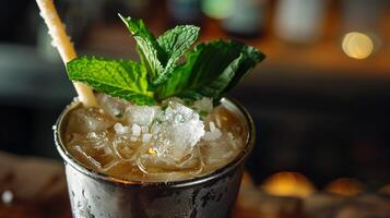 AI generated Close up of a mint julep garnished with a sugar cane stick photo