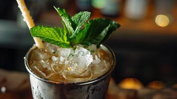 AI generated Close up of a mint julep garnished with a sugar cane stick photo