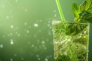 AI generated Close up image of a chilled mint julep glass with condensation droplets, mint sprigs, and a straw, set against a cool, green, gradient background with empty space for text photo