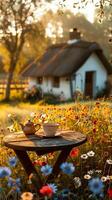 AI generated Rustic table with tea in the contryside summer dayv photo