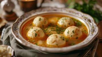 AI generated Matzah ball soup served in a traditional Jewish Passover setting photo