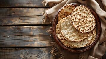 ai generado matzá un pan en un Clásico de madera mesa, tradicional judío Pascua plato, antecedentes con vacío espacio para texto foto