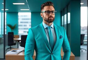 AI generated Confident businessman in a stylish turquoise suit posing in a modern office environment, representing corporate fashion and success photo