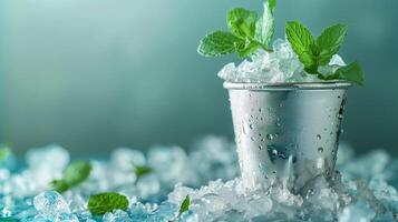 AI generated A silver mint julep glassware with crushed ice and mint sprigs, isolated on a gradient background photo