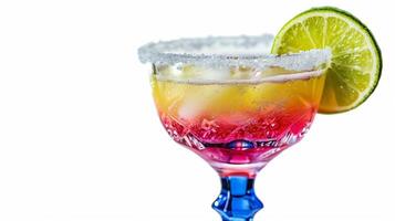 AI generated A colorful margarita glass decoration with lime and salt, isolated on a white background photo