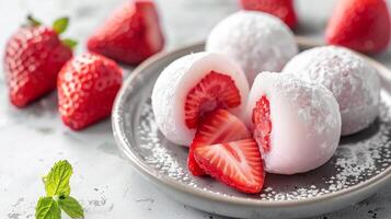 AI generated Fresh strawberry mochi ice cream on a plate with powdered sugar, a traditional Japanese dessert perfect for summer or celebrations, close up with whole strawberries photo