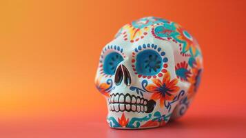 AI generated Hand painted ceramic sugar skull rich in detail and vivid colors isolated on a gradient background epitomizing Cinco de Mayo festivities photo