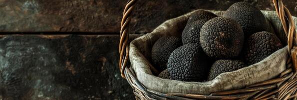 ai generado Fresco negro trufas en un rústico mimbre cesta con un lino paño, gastrónomo culinario ingrediente concepto, con amplio Copiar espacio en oscuro de madera antecedentes foto