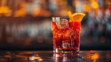 AI generated Close up of a Negroni cocktail preparation on a bar counter, featuring ingredients like gin, vermouth, and Campari, with a blurred background providing empty space for text photo