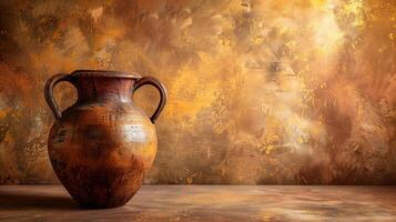 AI generated Antique ceramic vase with traditional patterns against a textured golden brown backdrop, evoking themes of history, craftsmanship, and classic art photo