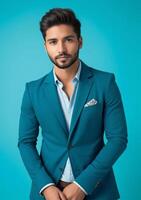 AI generated Handsome young man in a stylish blue suit posing with confidence against a turquoise background, perfect for business or fashion related themes photo