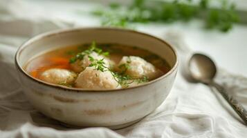 AI generated Matzah ball soup served in a ceramic bowl, garnished with fresh herbs, set on a white linen tablecloth providing a clean background with empty space for text photo